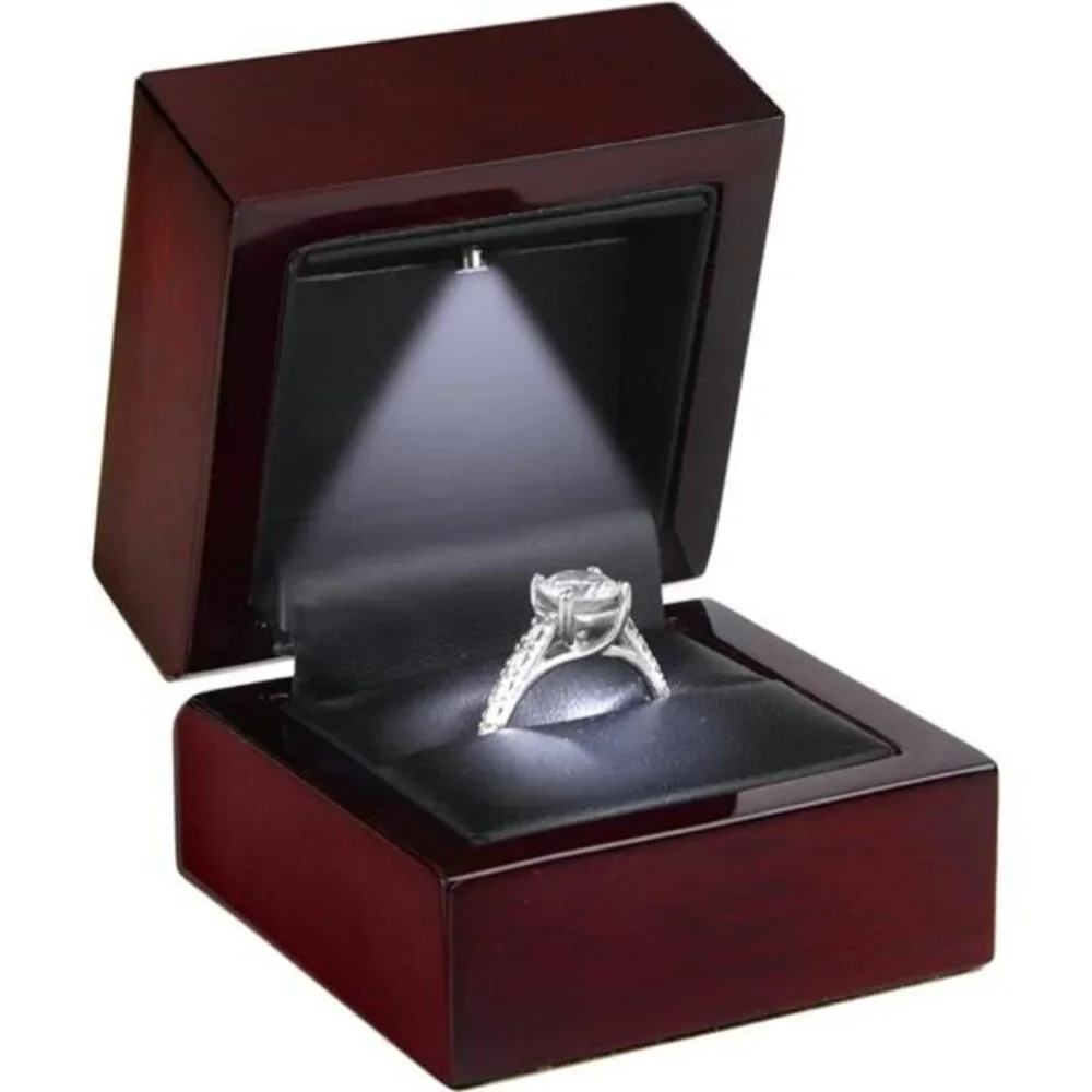 Luxury Mahogany Ring Box with LED Light, Elegant‎ Square Diamond Case,